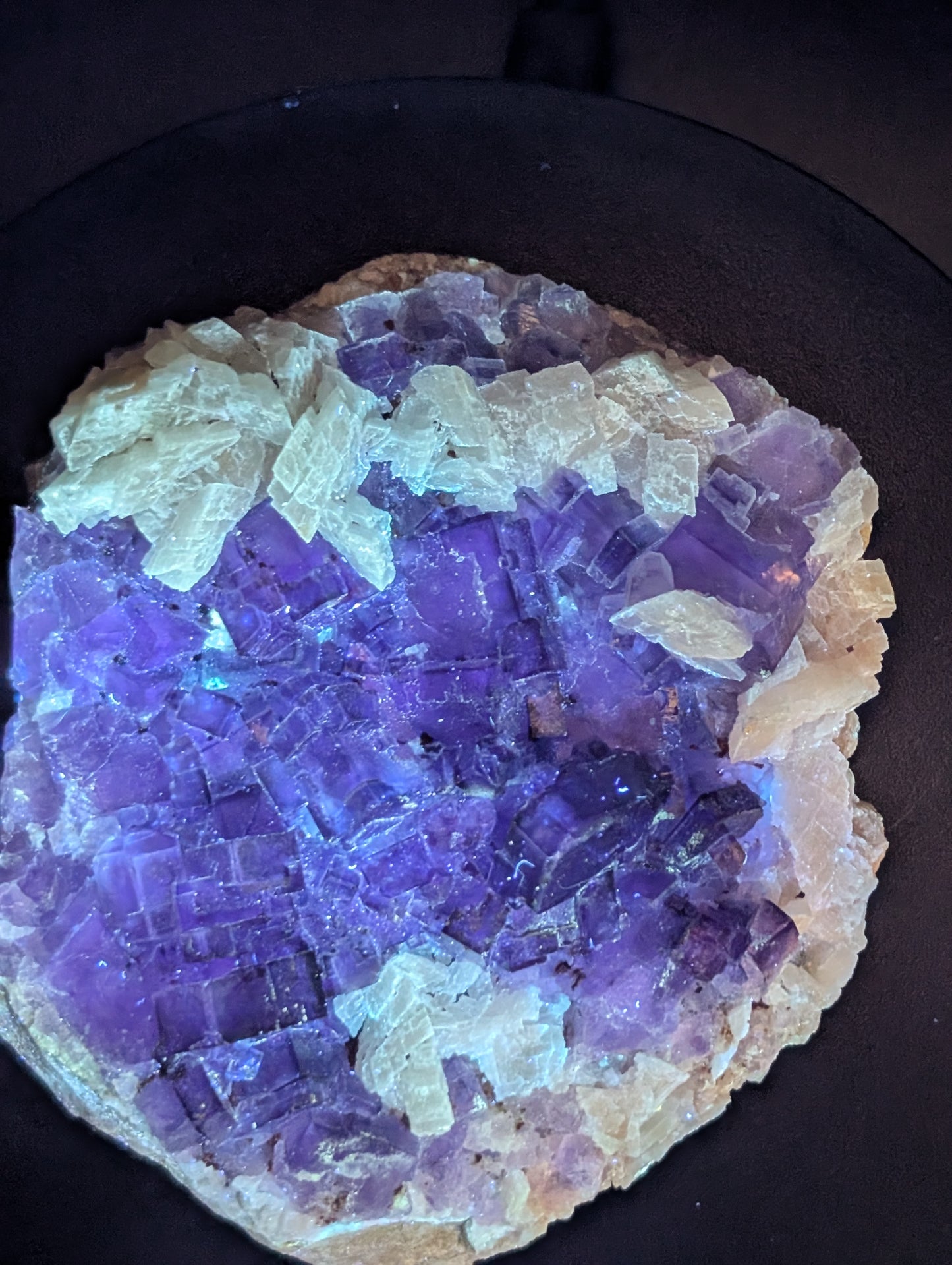 Purple Fluorite with Calcite Crystals – Fluorescent Cabinet Mineral Specimen (74mm)