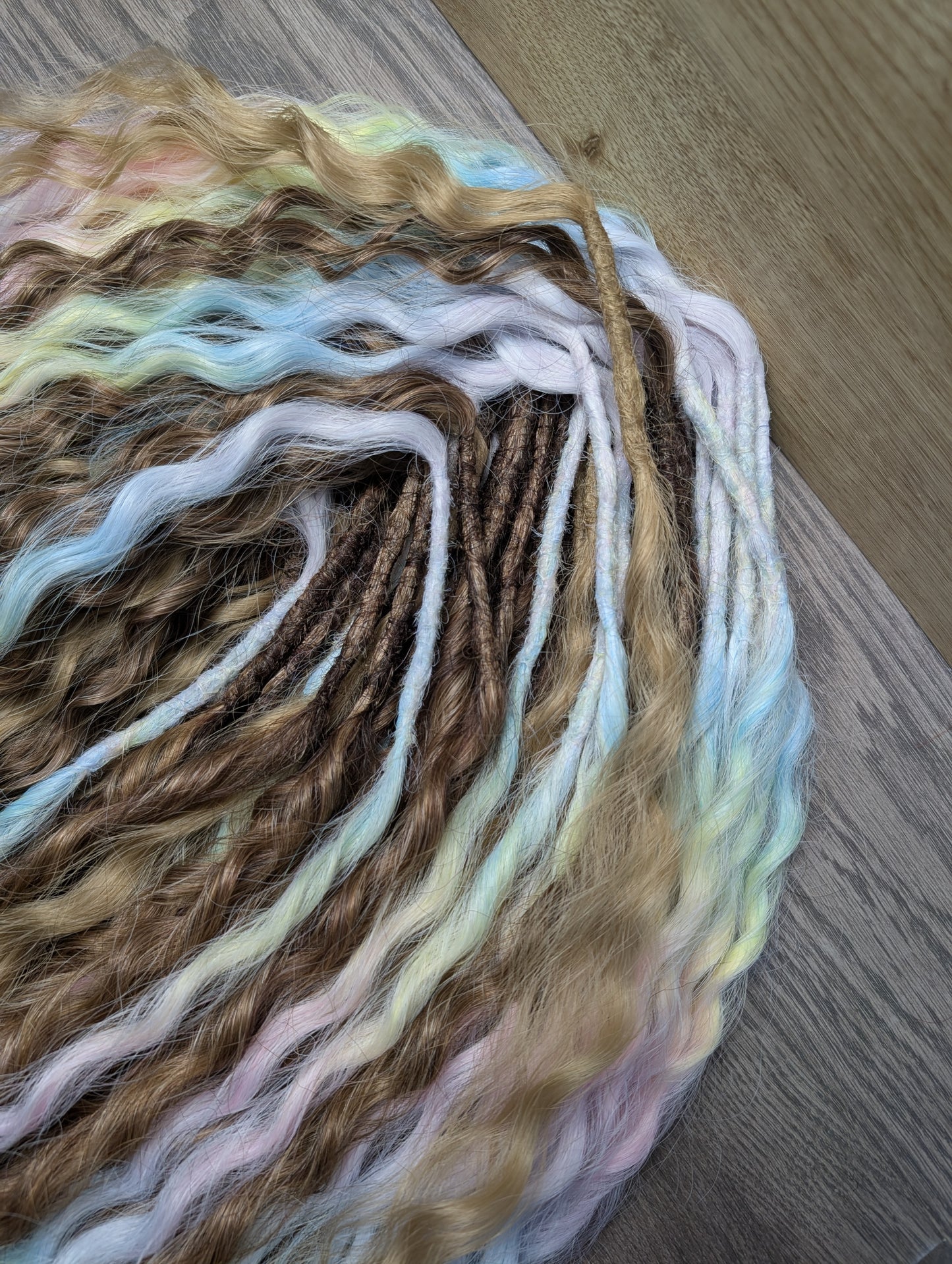 Curly Dreadlock Extensions – Pastel Rainbow, Brown-Blonde Ombre & Blonde Highlights | Boho Synthetic Dread Curls