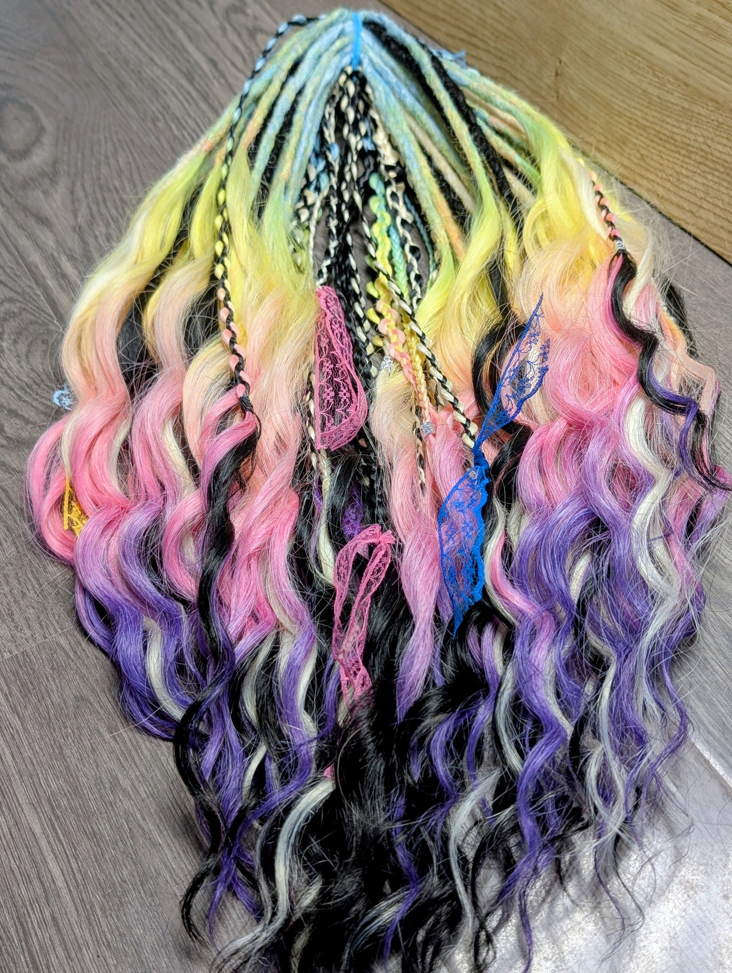 Pastel Rainbow Dreadlock Extension Set – Wavy Boho Festival Hair