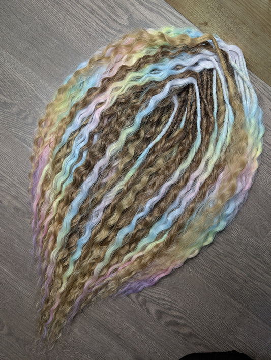 Curly Dreadlock Extensions – Pastel Rainbow, Brown-Blonde Ombre & Blonde Highlights | Boho Synthetic Dread Curls