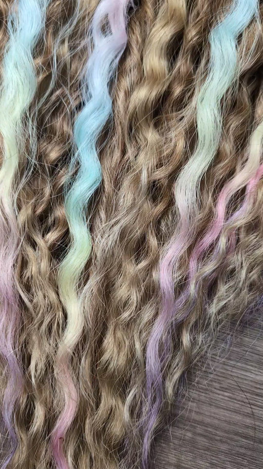 Curly Dreadlock Extensions – Pastel Rainbow, Brown-Blonde Ombre & Blonde Highlights | Boho Synthetic Dread Curls