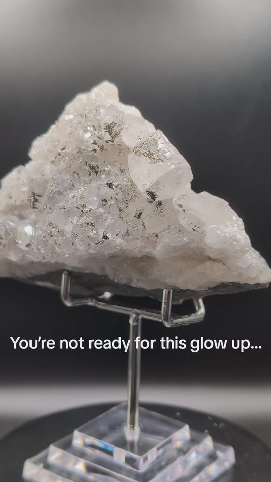 Pyrite on Calcite Cluster – UV Reactive Orange Glow – 400g Mineral Specimen