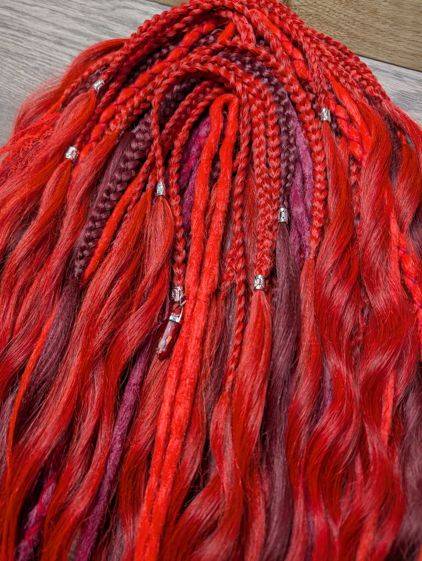 Red & Burgundy Boho Dreadlock Extension Set – Mixed Braids, Wraps & Waves | Handmade Synthetic Dreads