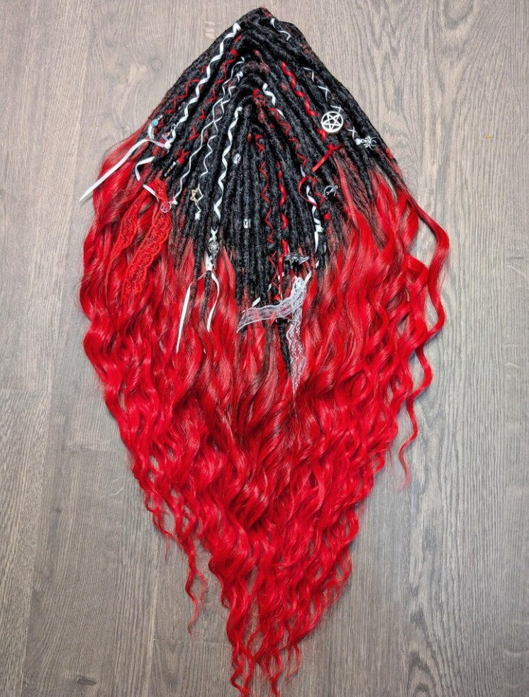 Gothic Black & Red Dreadlock Extensions – Curly Ombre Synthetic Dreads with Charms