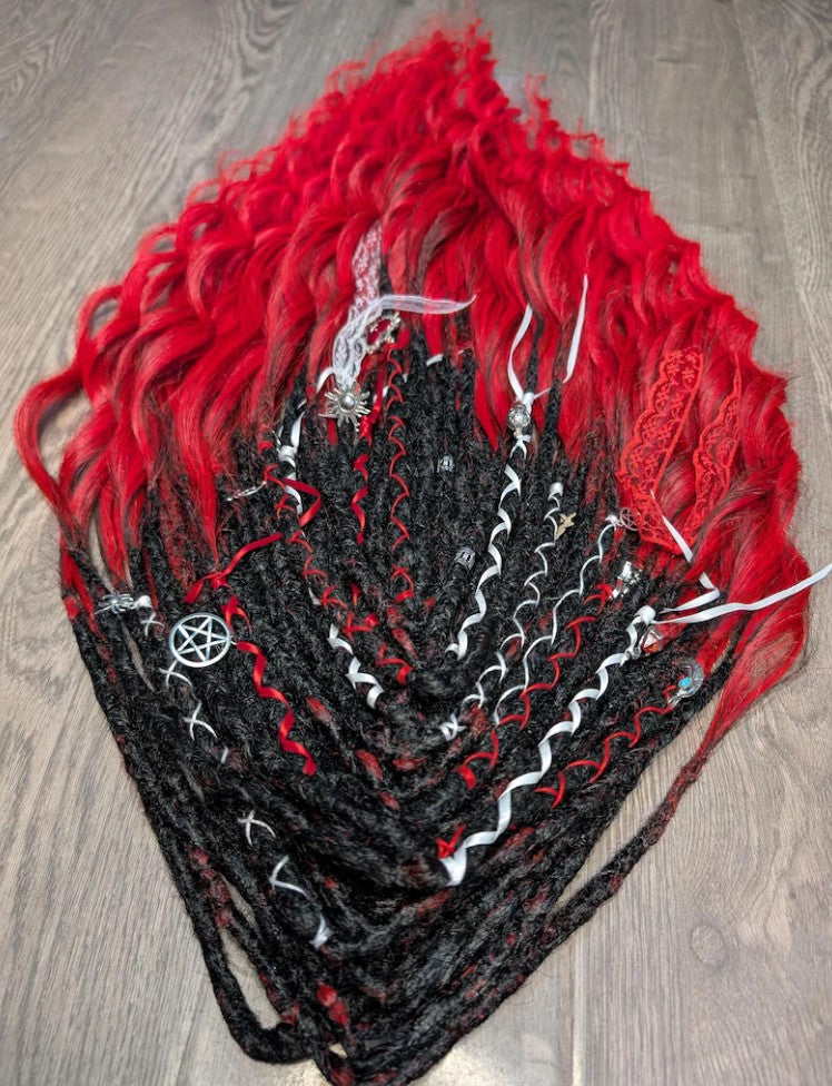 Gothic Black & Red Dreadlock Extensions – Curly Ombre Synthetic Dreads with Charms
