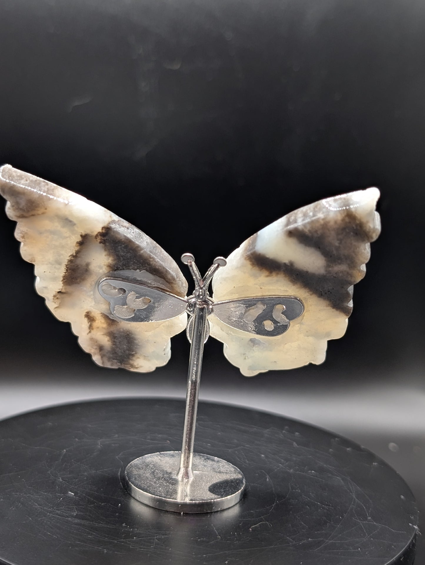 Dendritic Opal Butterfly Carving on Stand – Natural Stone Display Piece