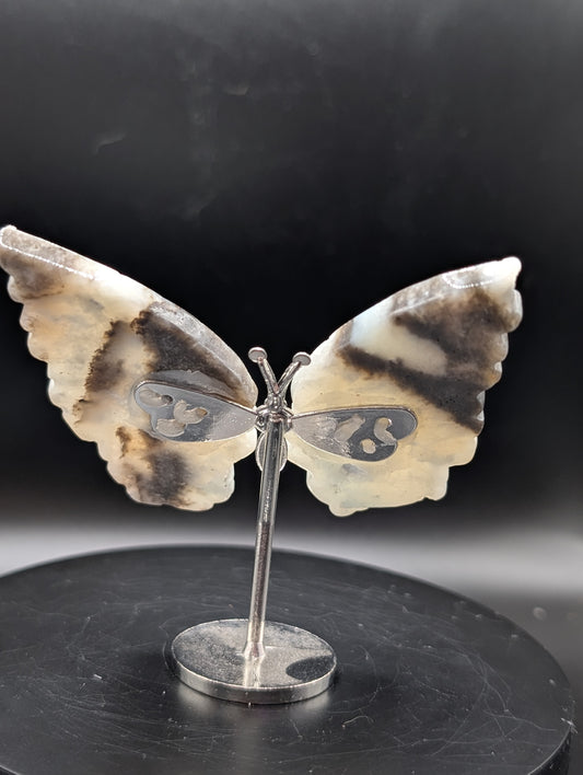 Dendritic Opal Butterfly Carving on Stand – Natural Stone Display Piece
