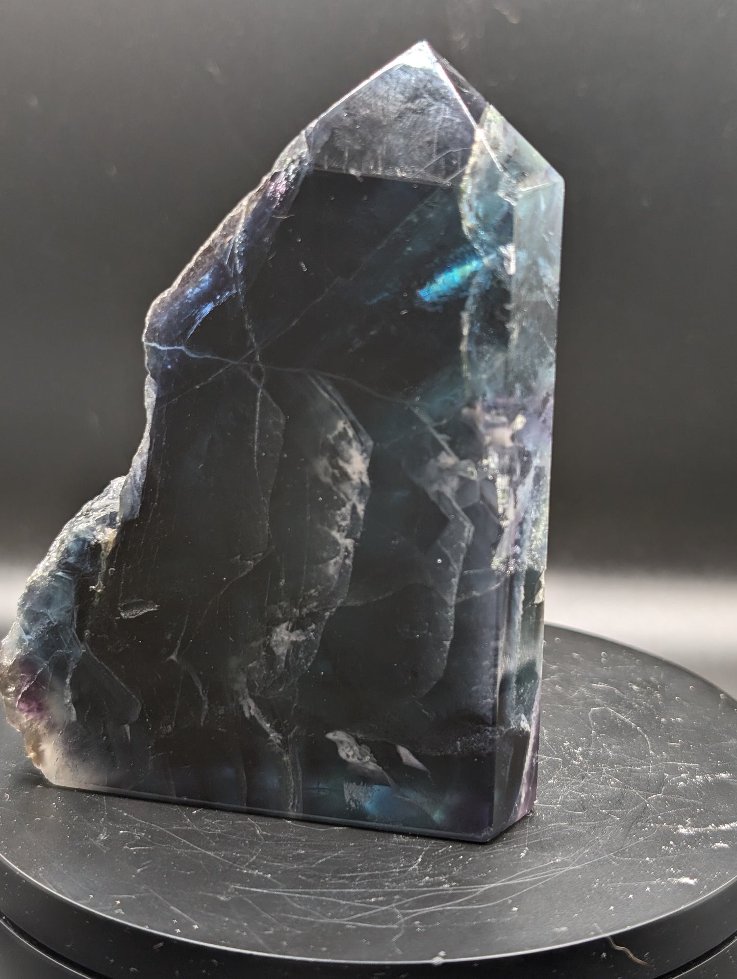 UV Reactive Fluorite Tower – Red & Blue Fluorescence – Polished Fluorite Point – 353g