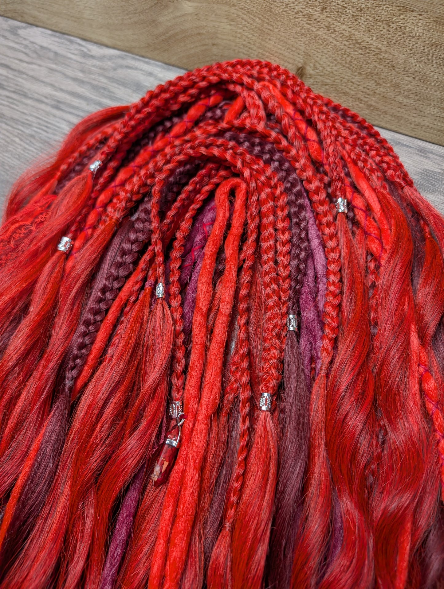 Red & Burgundy Boho Dreadlock Extension Set – Mixed Braids, Wraps & Waves | Handmade Synthetic Dreads