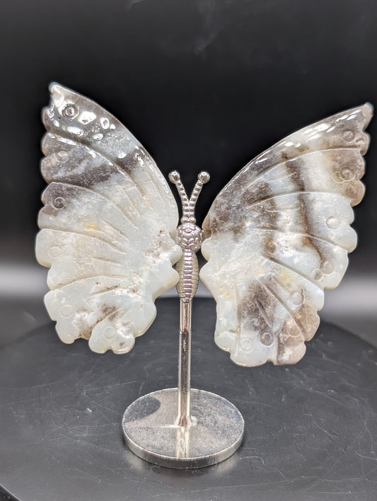 Dendritic Opal Butterfly Carving on Stand – Natural Stone Display Piece