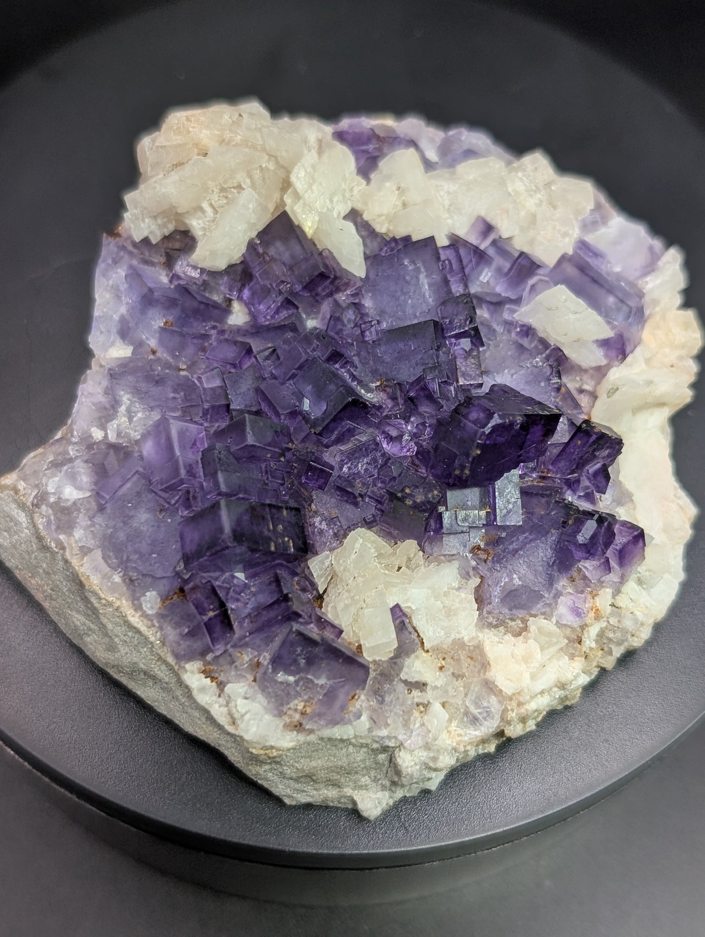 Purple Fluorite with Calcite Crystals – Fluorescent Cabinet Mineral Specimen (74mm)