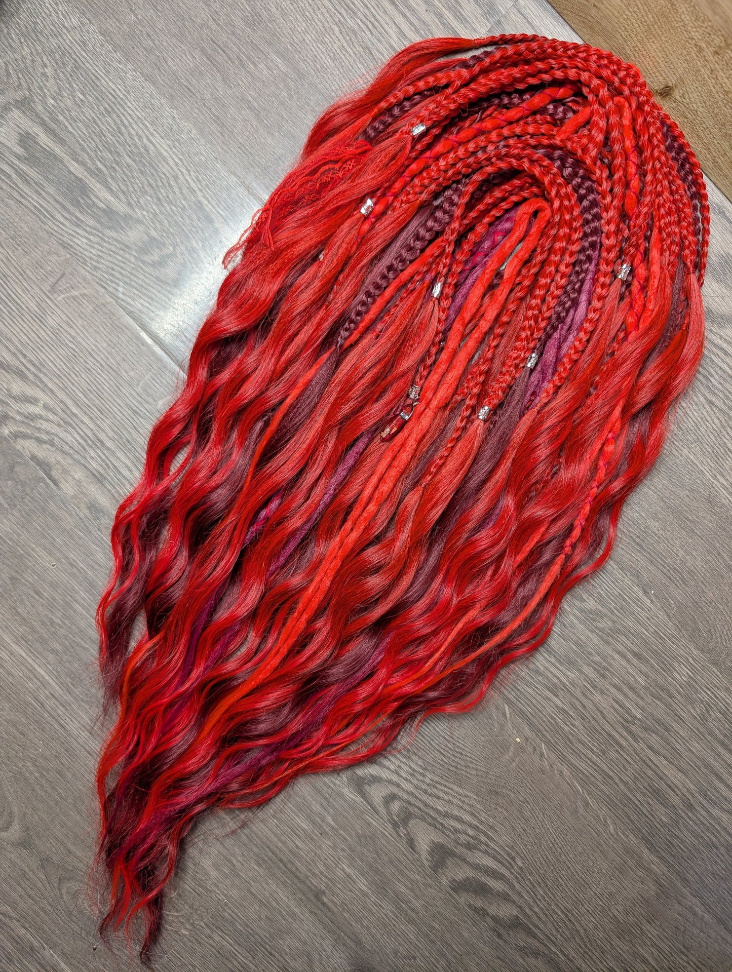 Red & Burgundy Boho Dreadlock Extension Set – Mixed Braids, Wraps & Waves | Handmade Synthetic Dreads