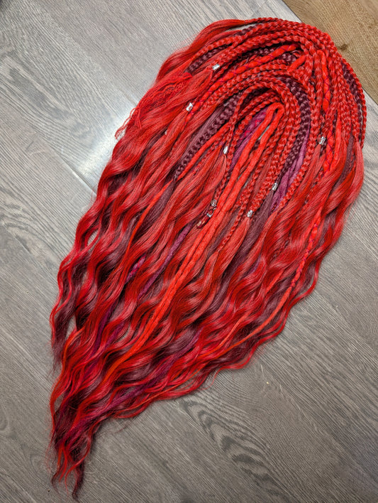 Red & Burgundy Boho Dreadlock Extension Set – Mixed Braids, Wraps & Waves | Handmade Synthetic Dreads