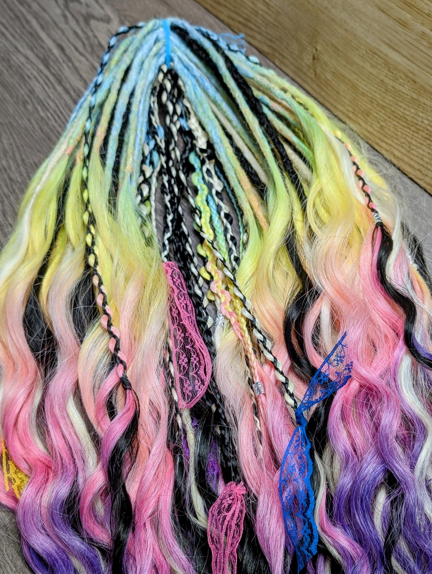 Pastel Rainbow Dreadlock Extension Set – Wavy Boho Festival Hair