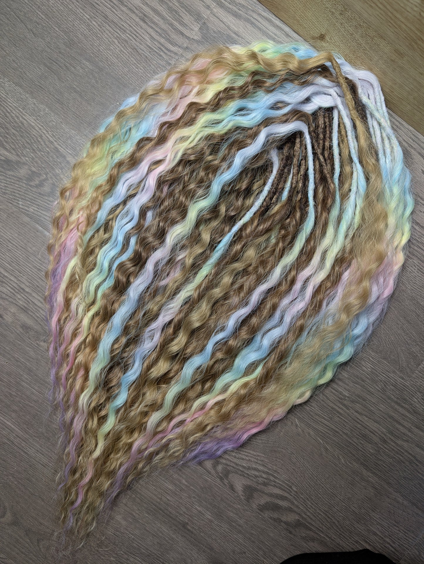 Curly Dreadlock Extensions – Pastel Rainbow, Brown-Blonde Ombre & Blonde Highlights | Boho Synthetic Dread Curls