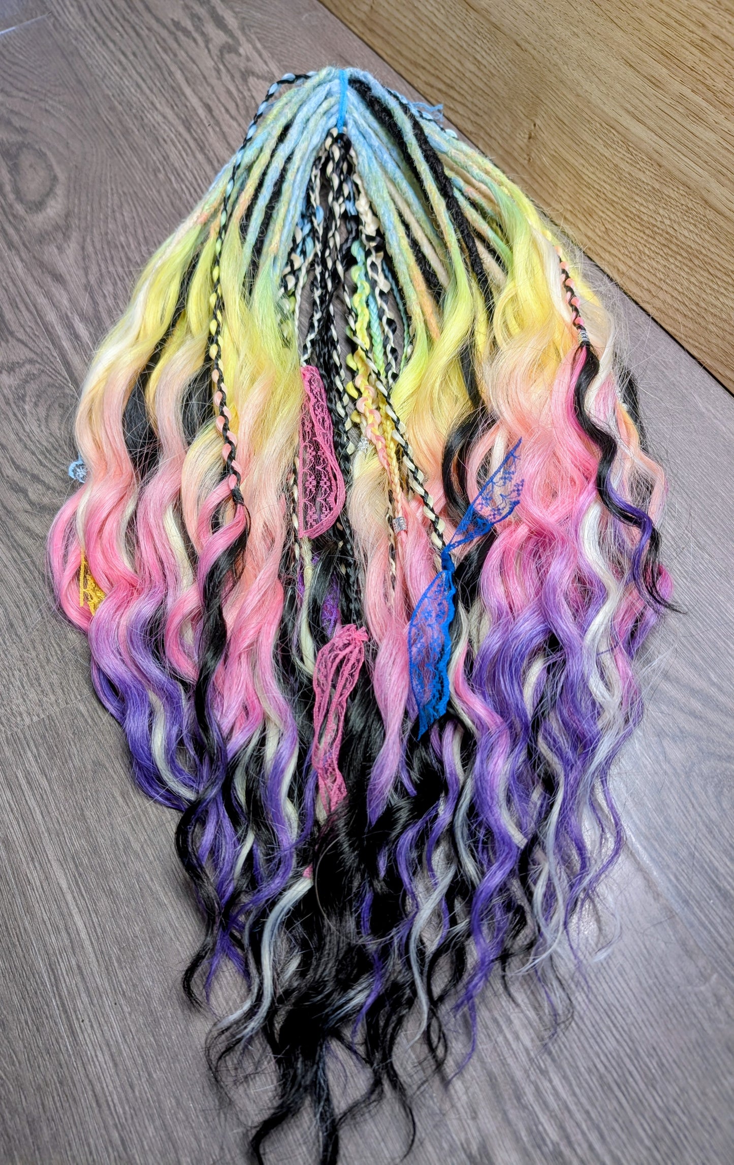 Pastel Rainbow Dreadlock Extension Set – Wavy Boho Festival Hair