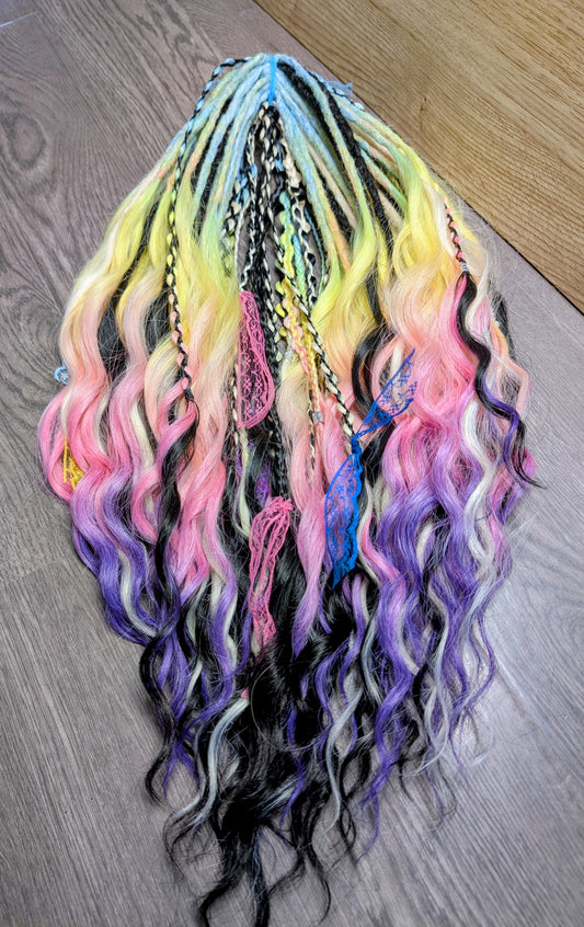 Pastel Rainbow Dreadlock Extension Set – Wavy Boho Festival Hair