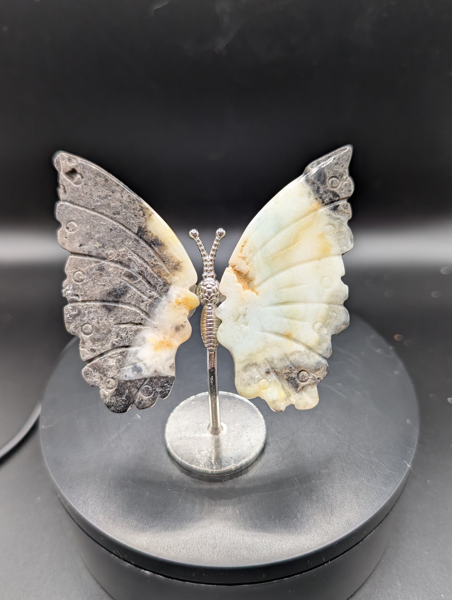 High-Contrast Dendritic Agate Butterfly on Stand – Black & White Crystal Carving