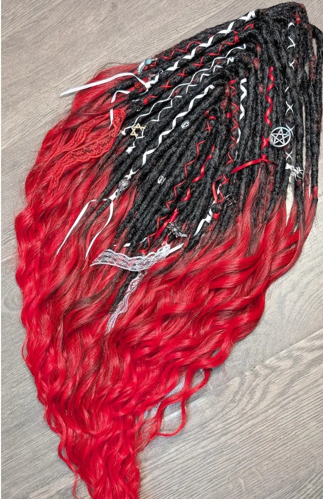 Gothic Black & Red Dreadlock Extensions – Curly Ombre Synthetic Dreads with Charms