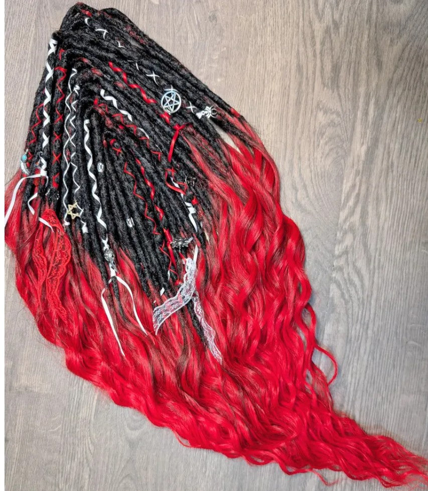 Gothic Black & Red Dreadlock Extensions – Curly Ombre Synthetic Dreads with Charms